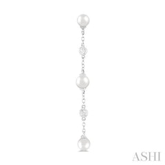 4 MM Round Shape Cultured Pearl and 1/20 Ctw Round Cut Diamond Station Long Earring in 14K White Gold