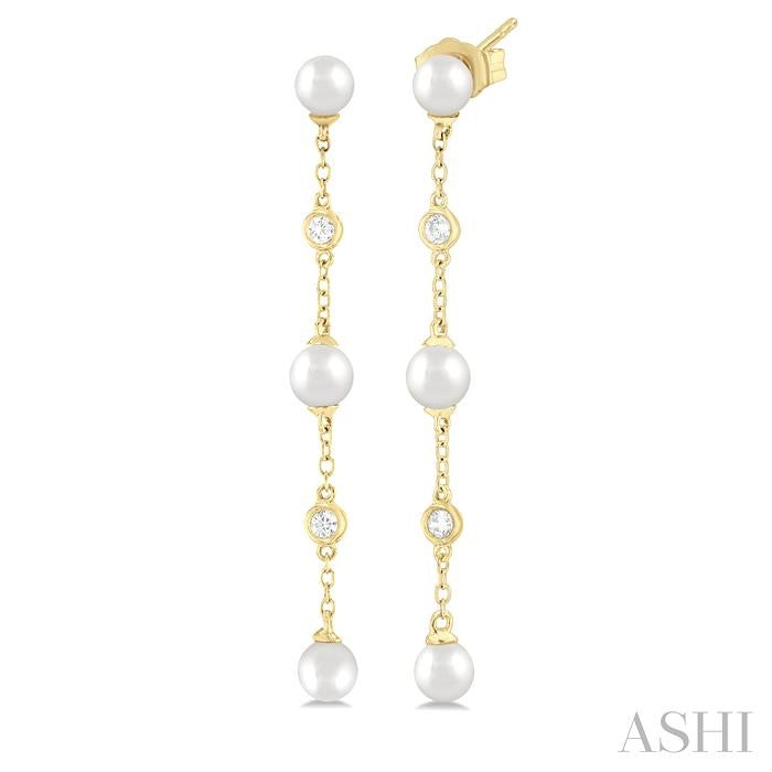 4 MM Round Shape Cultured Pearl and 1/20 Ctw Round Cut Diamond Station Long Earring in 14K Yellow Gold