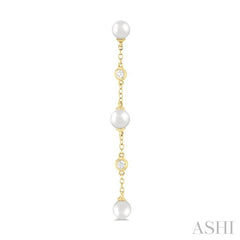 4 MM Round Shape Cultured Pearl and 1/20 Ctw Round Cut Diamond Station Long Earring in 14K Yellow Gold