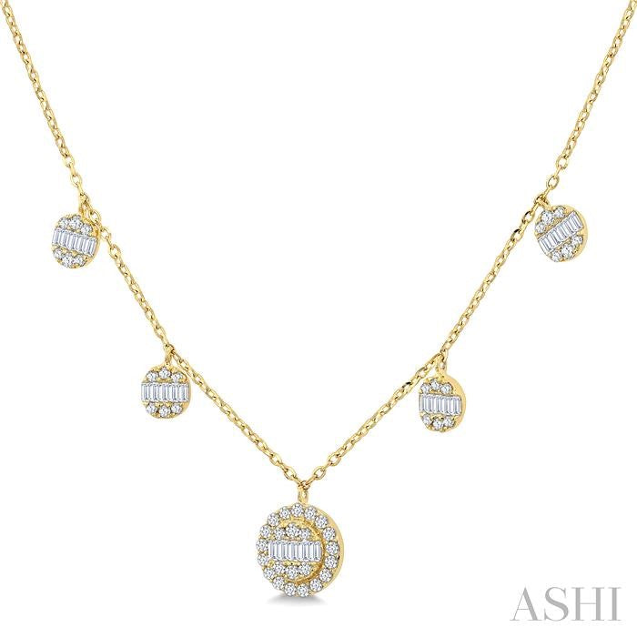 3/8 Ctw Circular Shaped Danglers Fusion Baguette and Round Cut Diamond Station Necklace in 10K Yellow Gold