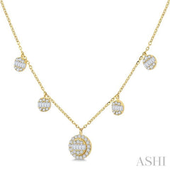 3/8 Ctw Circular Shaped Danglers Fusion Baguette and Round Cut Diamond Station Necklace in 10K Yellow Gold