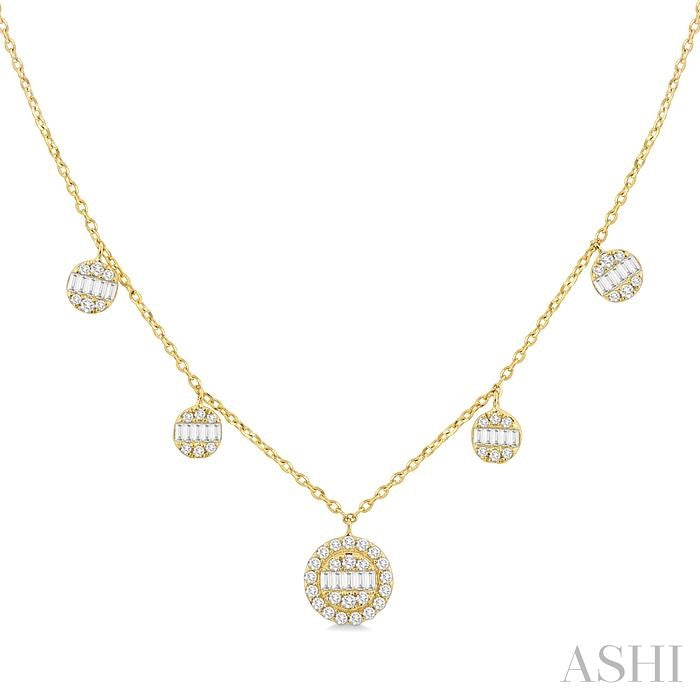 3/8 Ctw Circular Shaped Danglers Fusion Baguette and Round Cut Diamond Station Necklace in 10K Yellow Gold