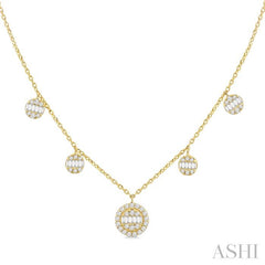 3/8 Ctw Circular Shaped Danglers Fusion Baguette and Round Cut Diamond Station Necklace in 10K Yellow Gold
