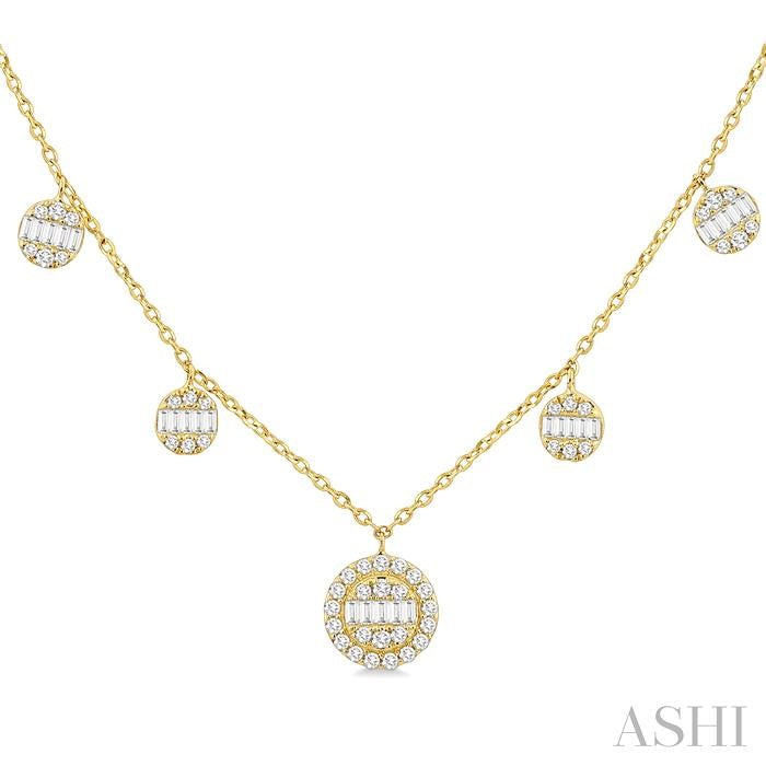 3/8 Ctw Circular Shaped Danglers Fusion Baguette and Round Cut Diamond Station Necklace in 10K Yellow Gold