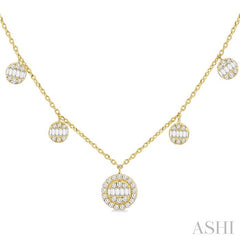 3/8 Ctw Circular Shaped Danglers Fusion Baguette and Round Cut Diamond Station Necklace in 10K Yellow Gold